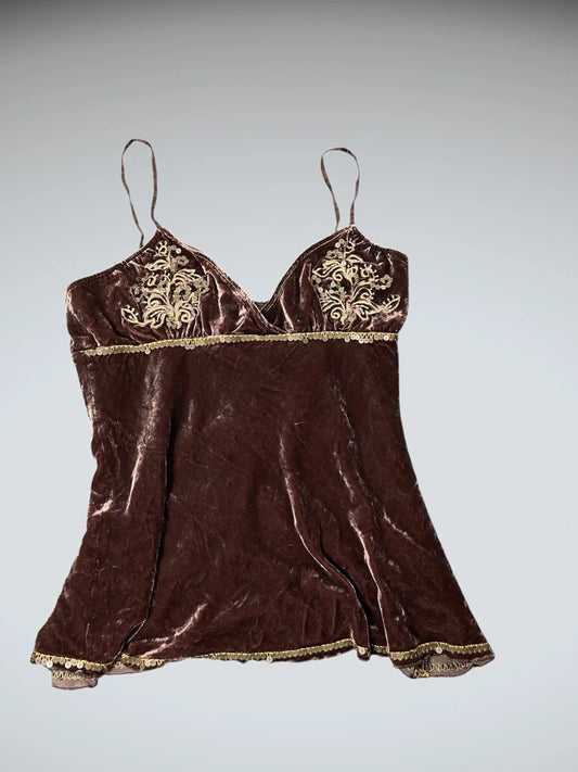 front view, Polo Jeaqns Ralph Lauren Velvet Baroque Dark Brown Camisole, vintage Y2K second hand piece