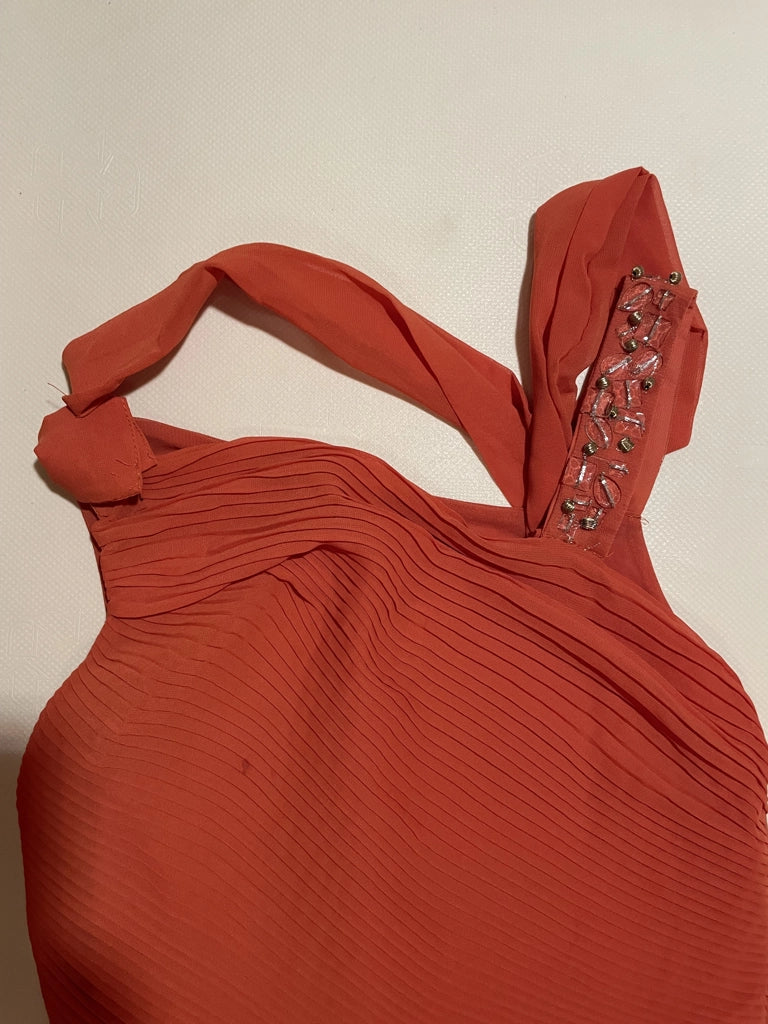 detail view, Vibrant Orange Pleated Asymmetric Mini Dress Joops! Glam, vintage Y2K second hand piece, image 5