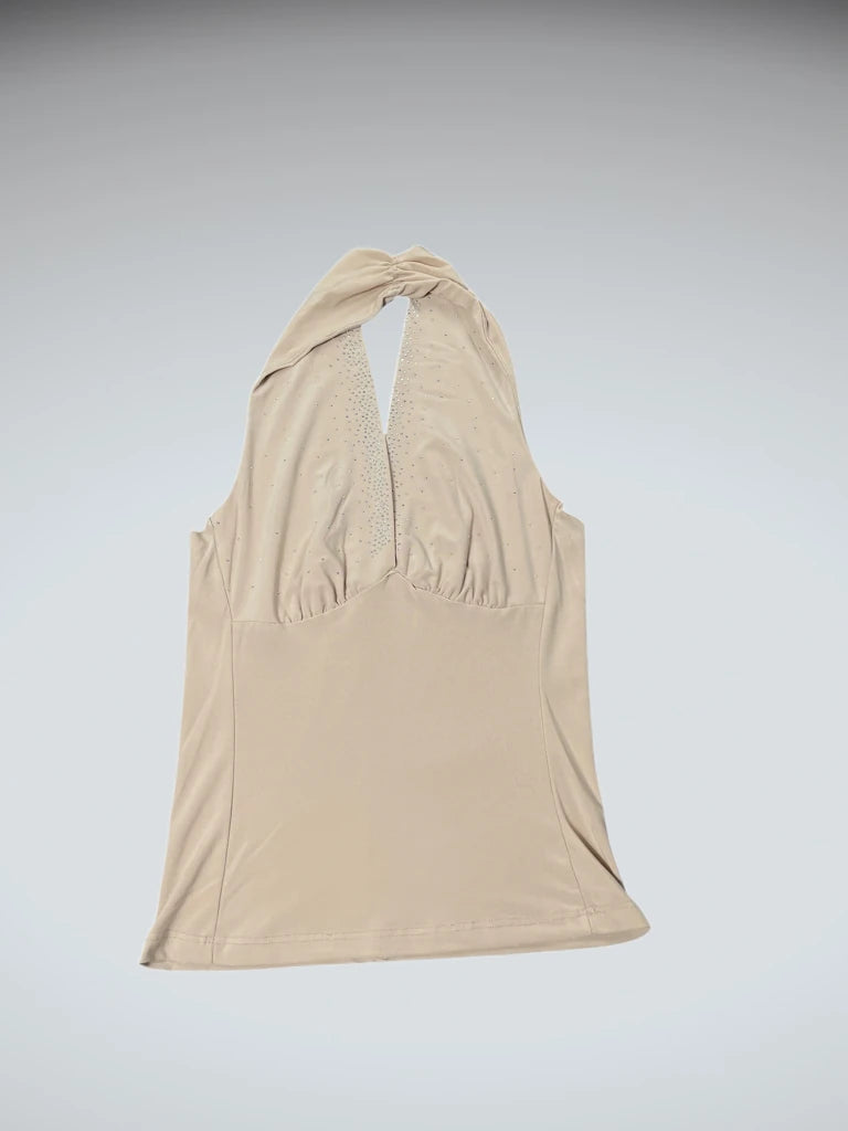 detail view, Beige Rhinestone Halter Neck Top, vintage Y2K second hand piece