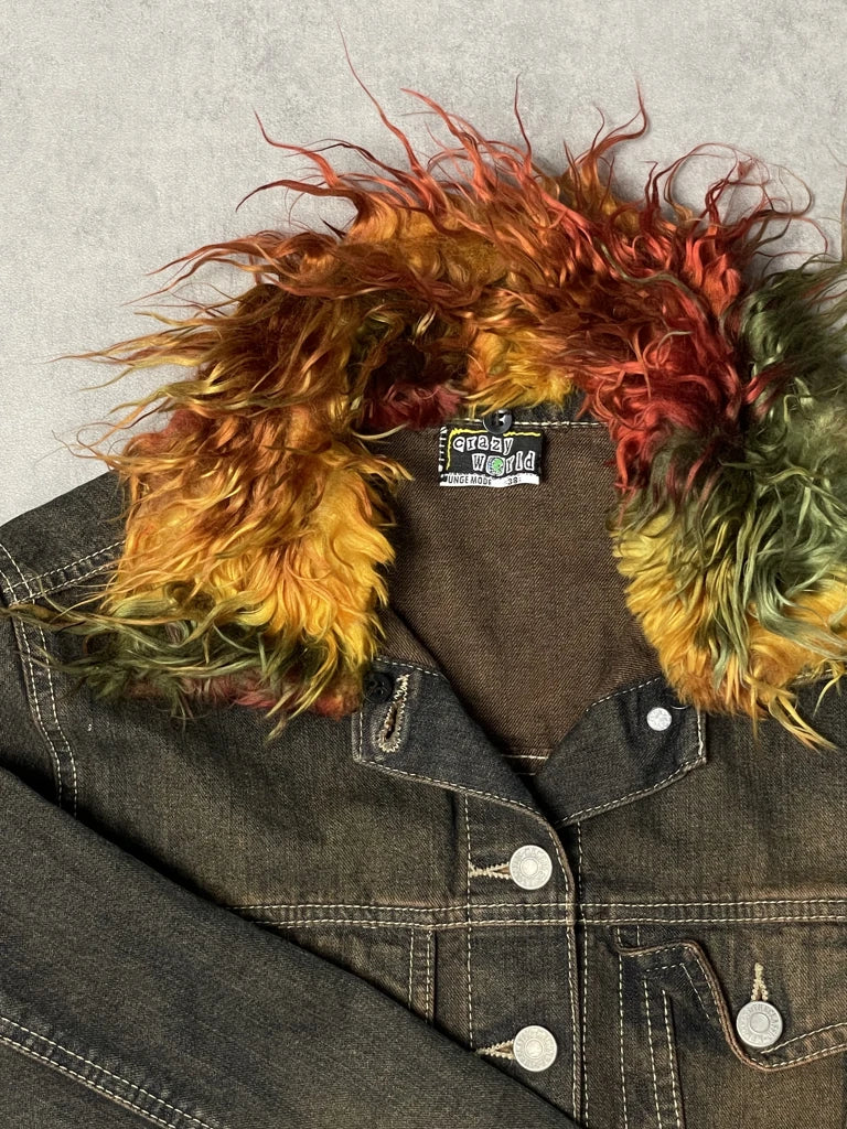 detail view, Crazy World Colourful Fur Jacket, vintage Y2K second hand piece