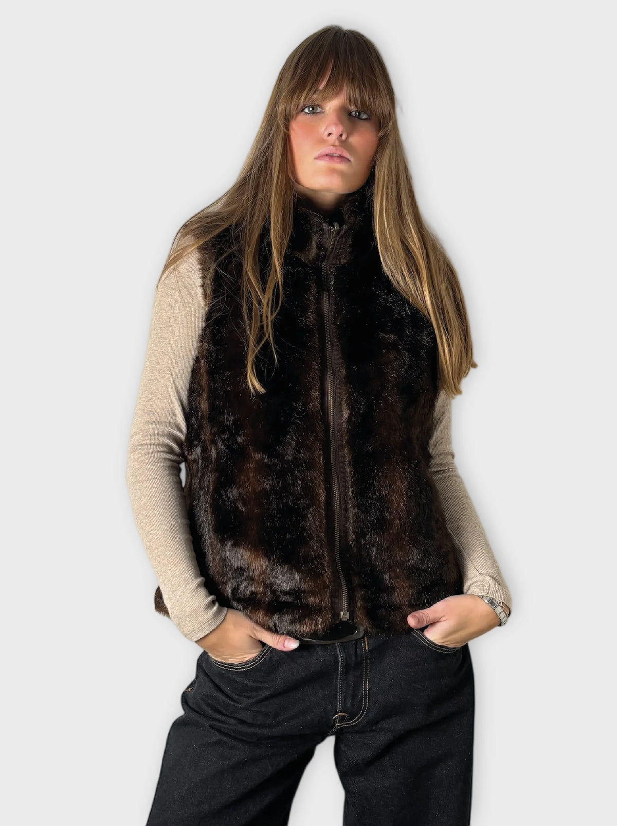 back view, Vintage Brown 2 sided Faux Fur Vest Women, vintage Y2K second hand piece