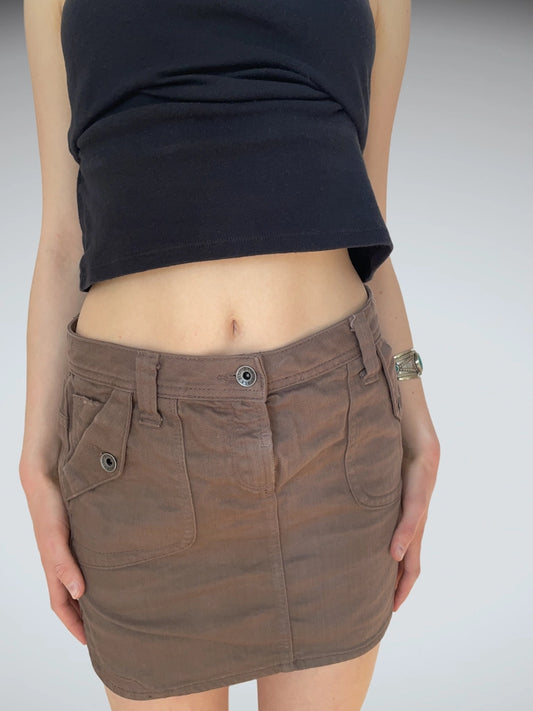 front view, Y2K Chocolate Brown Mini Skirt Low Rise Sisley Grunge, vintage Y2K second hand piece