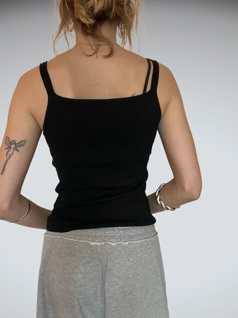 back view, Black Crop Top with Glitter, vintage Y2K second hand piece