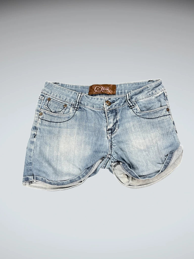 front view, C Pink Light Blue Rolled Hem Denim Hotpants, vintage Y2K second hand piece