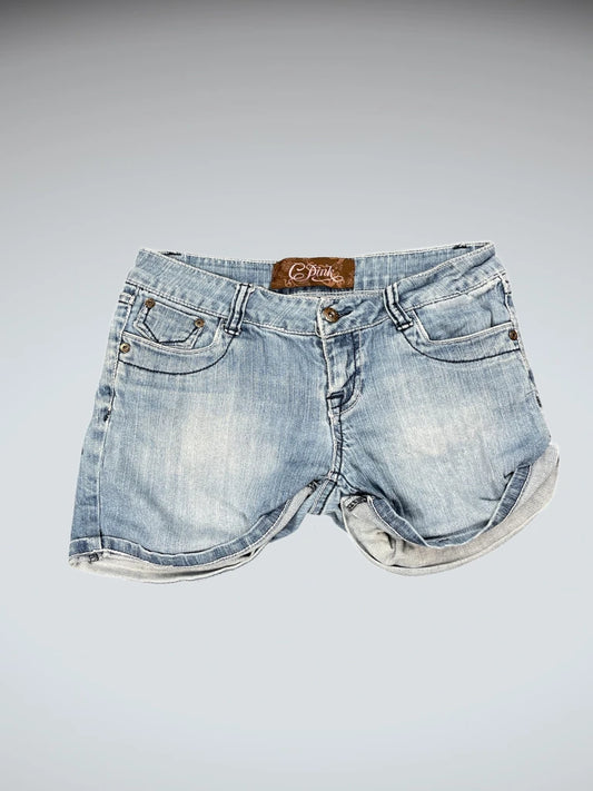 front view, C Pink Light Blue Rolled Hem Denim Hotpants, vintage Y2K second hand piece