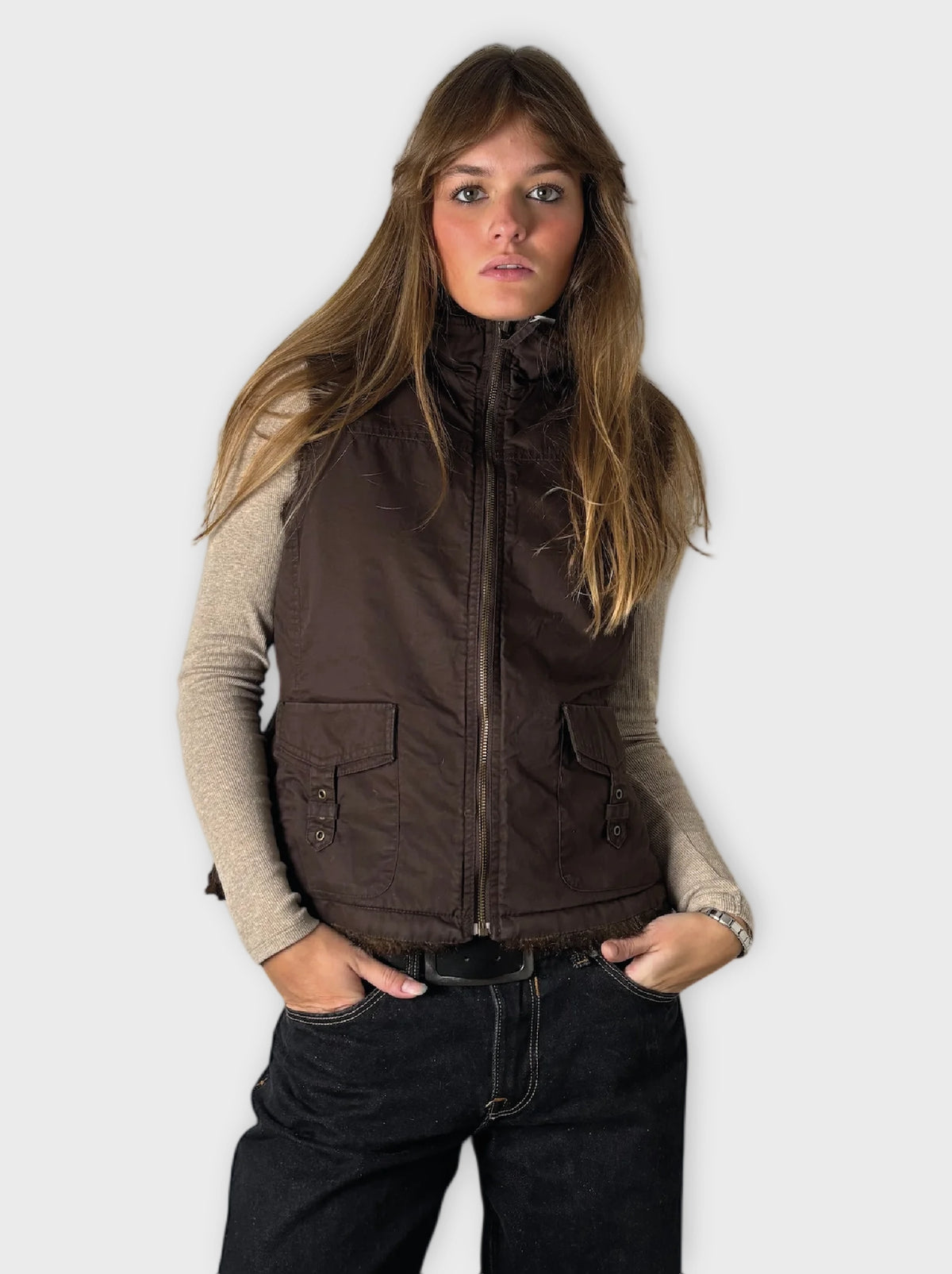 front view, Vintage Brown 2 sided Faux Fur Vest Women, vintage Y2K second hand piece