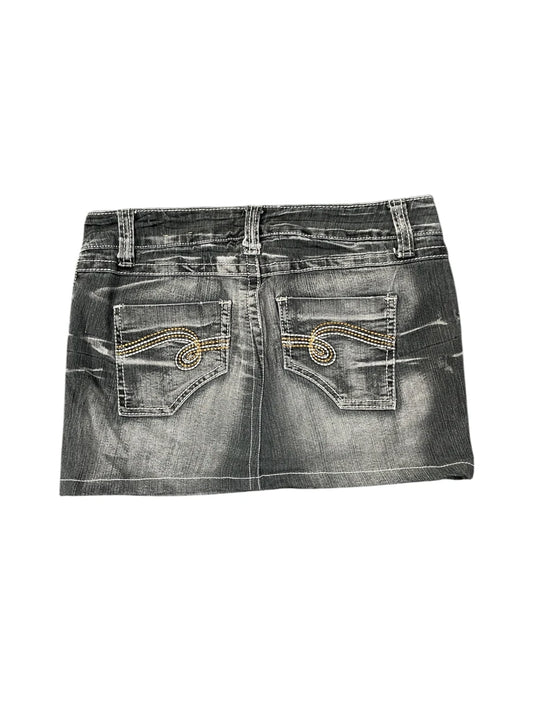 back view, Lllegal Jeans Grey Washed Vintage Denim Skirt with Rhinestone Detail, vintage Y2K second hand piece