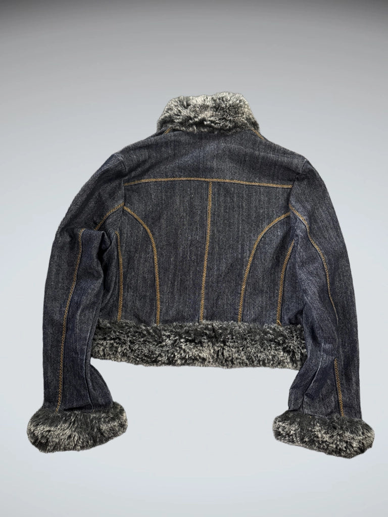 back view, Ultima Faux Fur Collar Denim Jacket Women, vintage Y2K second hand piece