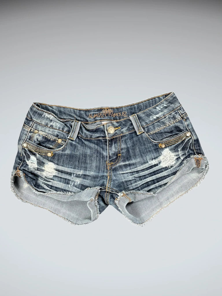 front view, Almost Famous Mid Blue Distressed Denim Hotpants, vintage Y2K second hand piece