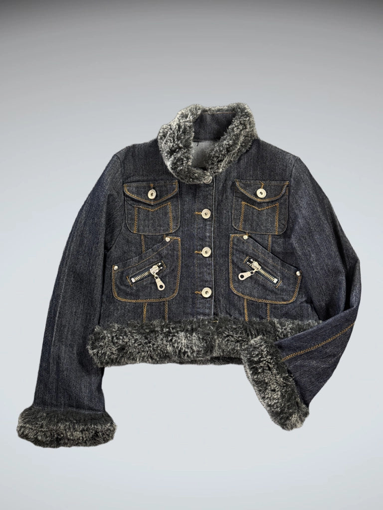 detail view, Ultima Faux Fur Collar Denim Jacket Women, vintage Y2K second hand piece, image 4