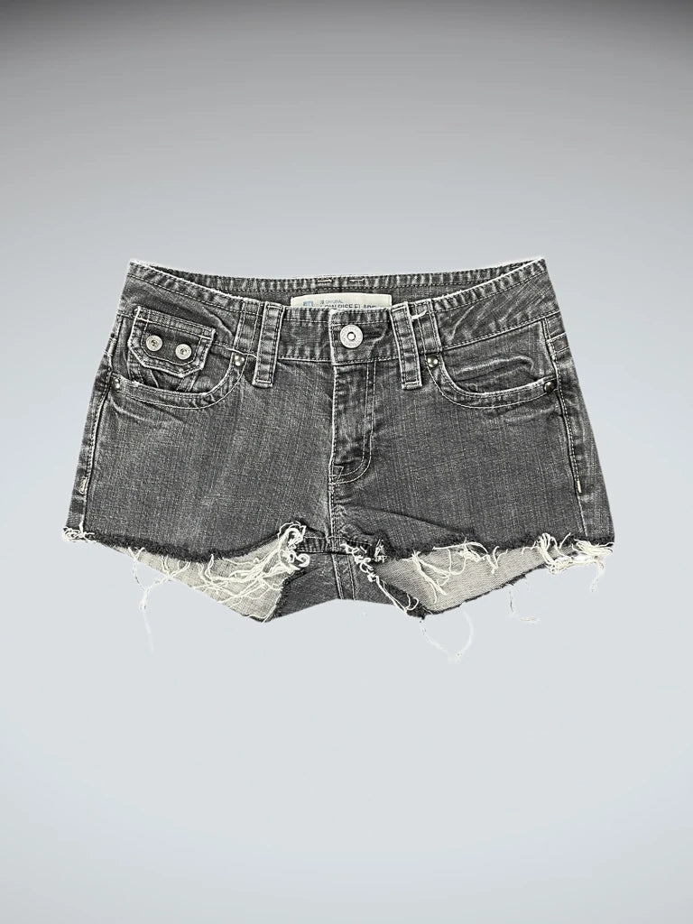 detail view, Low Rise Flare Grey Denim Hotpants, vintage Y2K second hand piece
