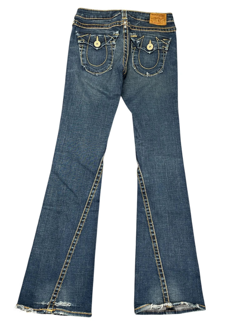 detail view, True Religion Dark Blue Flare Jeans with Yellow Stitching, vintage Y2K second hand piece
