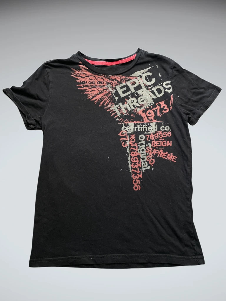 front view, Epic Threads Vintage Black Y2K Graphic Tee with Distressed Red Print, vintage Y2K second hand piece