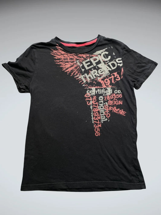 front view, Epic Threads Vintage Black Y2K Graphic Tee with Distressed Red Print, vintage Y2K second hand piece