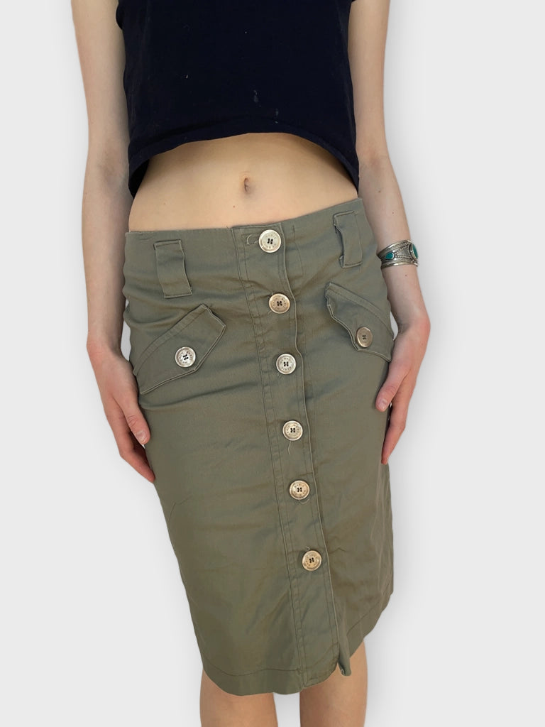 Vintage Olive Green Utility Button Midi Skirt Y2K Style (M)