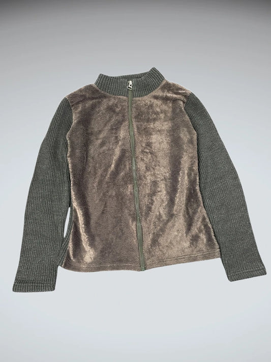 front view, Olive Knit and Velour Hybrid Zip Jacket, vintage Y2K second hand piece