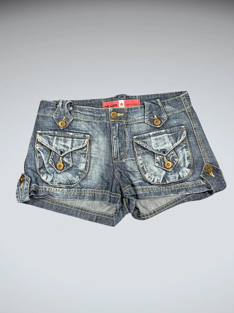 front view, Me Lem Distressed Pocket Button Denim Shorts, vintage Y2K second hand piece