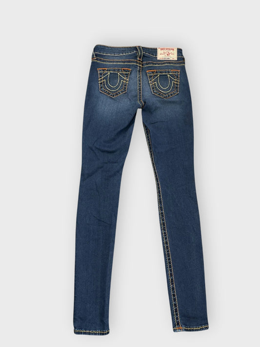 front view, True Religion Dark Blue Skinny Jeans with Orange Stitch Accents, vintage Y2K second hand piece