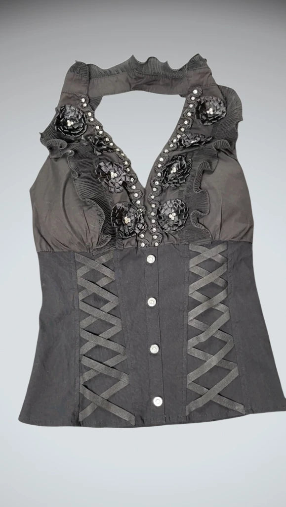 front view, Black Corset Top with Floral Appliqué, vintage Y2K second hand piece