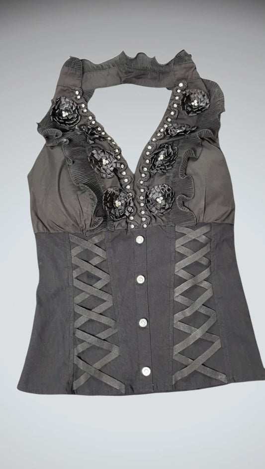 front view, Black Corset Top with Floral Appliqué, vintage Y2K second hand piece
