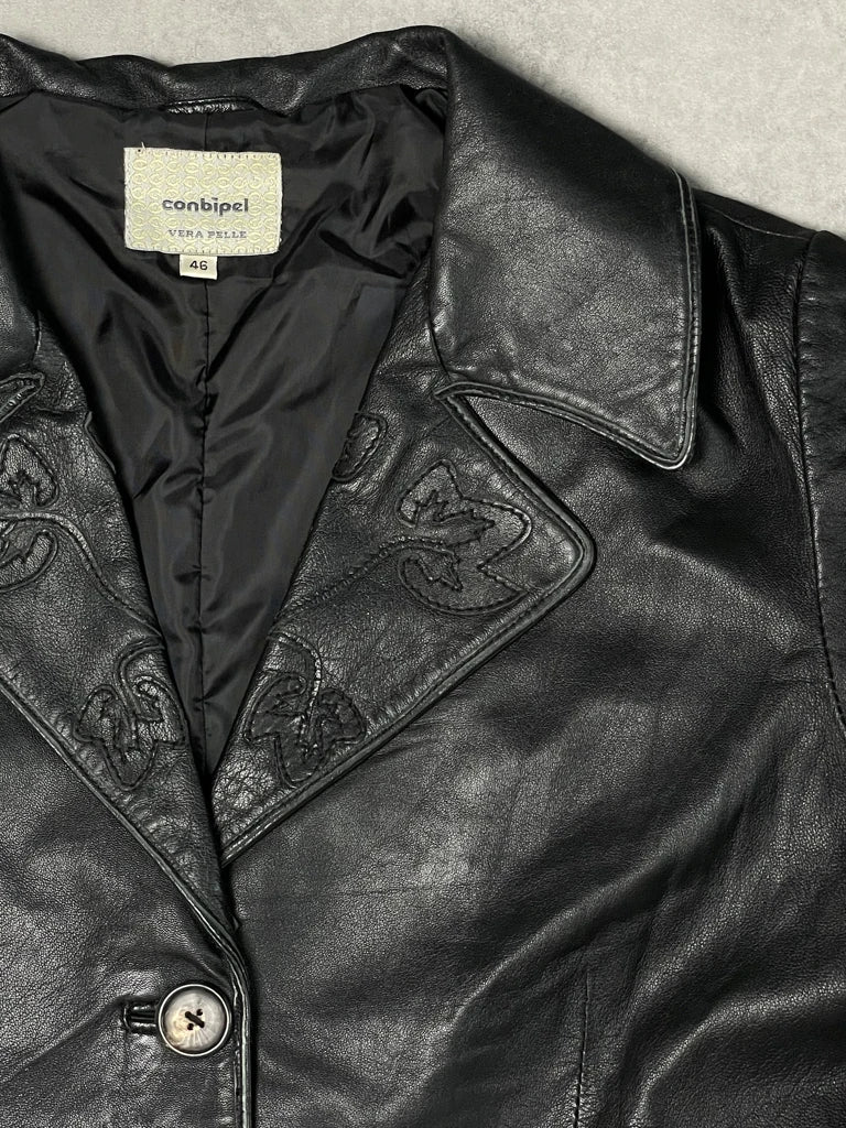 detail view, Conbipel Black Leather Coat, vintage Y2K second hand piece