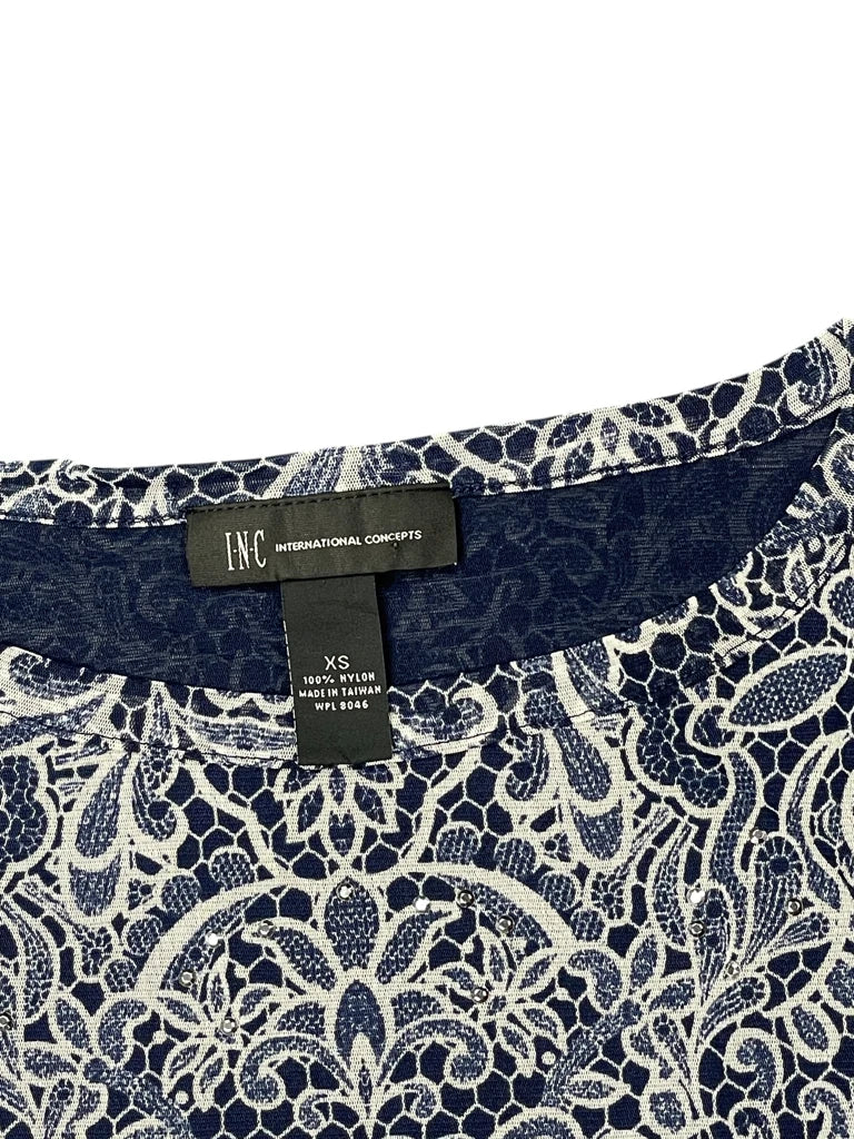detail view, INC navy patterned dress top, vintage Y2K second hand piece