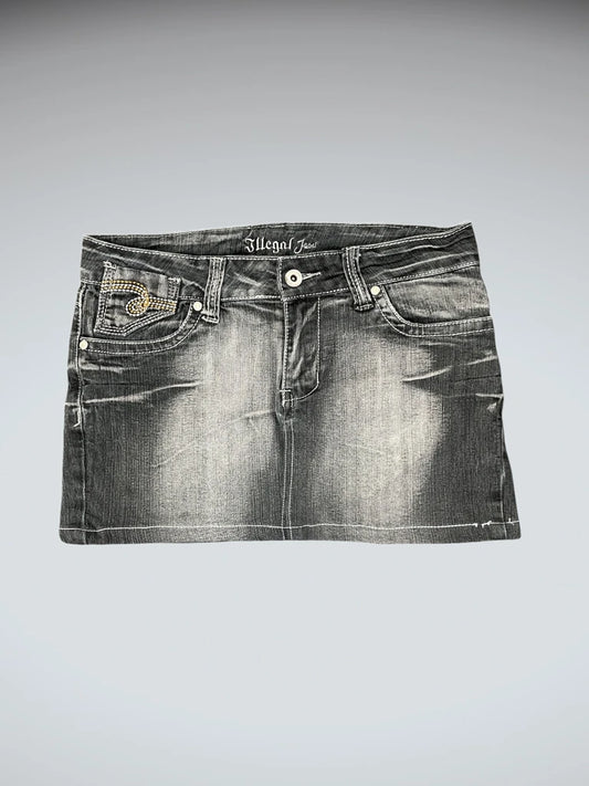 front view, Lllegal Jeans Grey Washed Vintage Denim Skirt with Rhinestone Detail, vintage Y2K second hand piece
