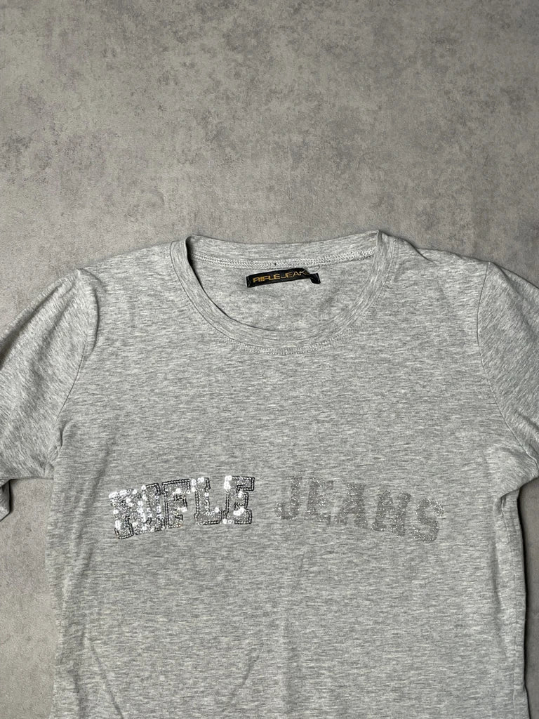 detail view, Rifle Jeans Long Sleeve with Logo with Glitter, vintage Y2K second hand piece