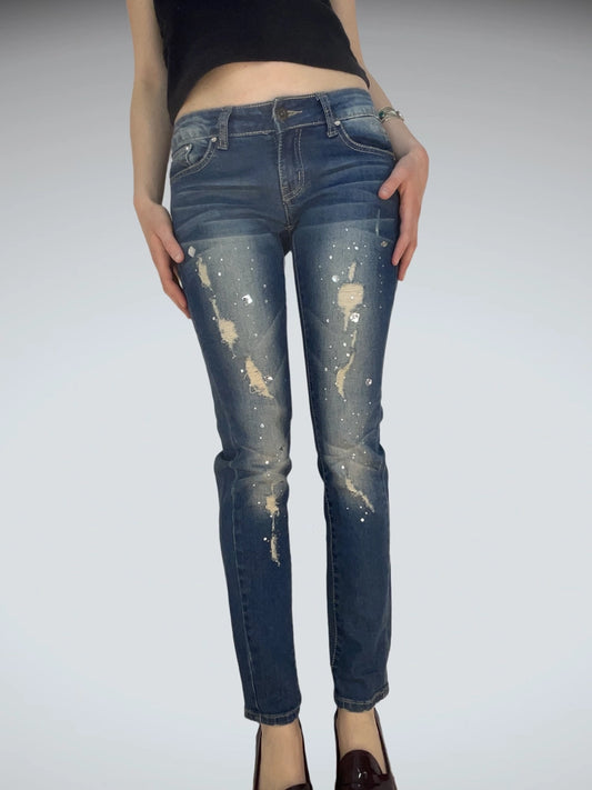 front view, Dolce & Gabbana Edgy Paint Splatter Distressed Skinny Jeans Low Rise Aesthetic, vintage Y2K second hand piece