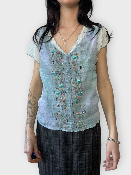 front view, Hunza Pleaze Flower Turquoise Top, vintage Y2K second hand piece