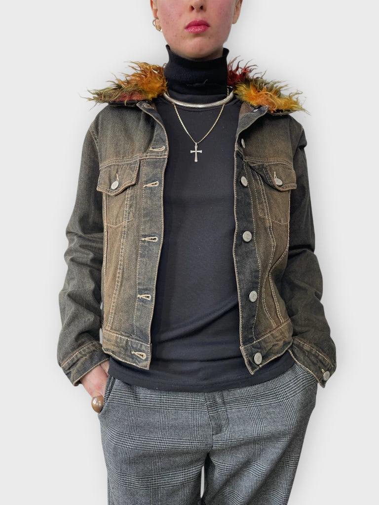 front view, Crazy World Colourful Fur Jacket, vintage Y2K second hand piece