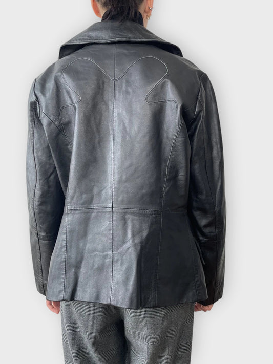 back view, Conbipel Black Leather Coat, vintage Y2K second hand piece