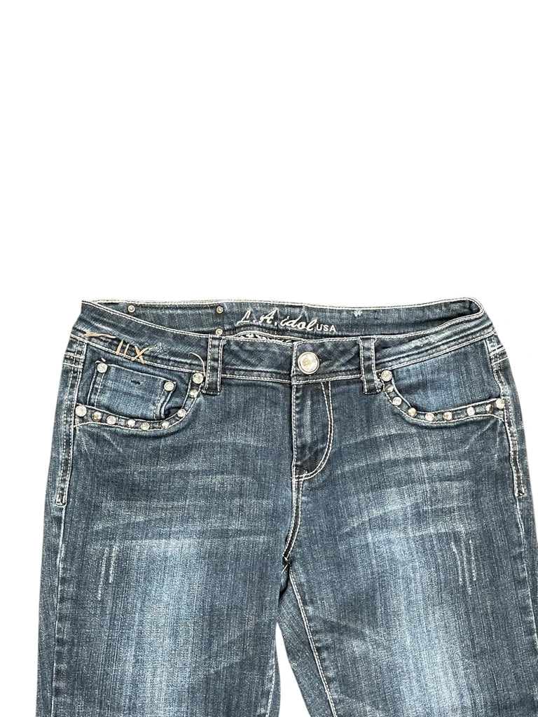 detail view, LA Idol USA Light Blue Bootcut Jeans with Crystal Stud Details, vintage Y2K second hand piece, image 4
