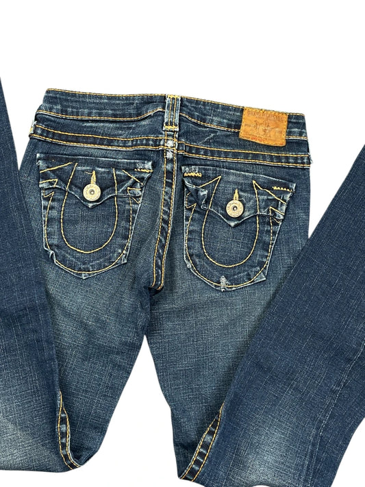 back view, True Religion Dark Blue Flare Jeans with Yellow Stitching, vintage Y2K second hand piece