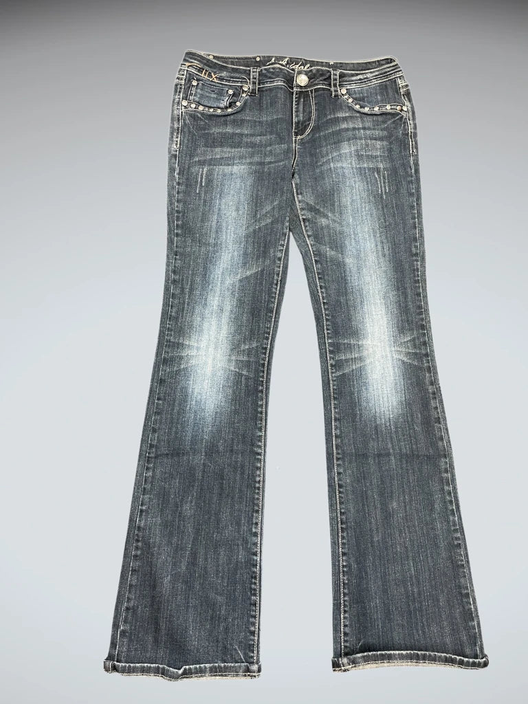 front view, LA Idol USA Light Blue Bootcut Jeans with Crystal Stud Details, vintage Y2K second hand piece