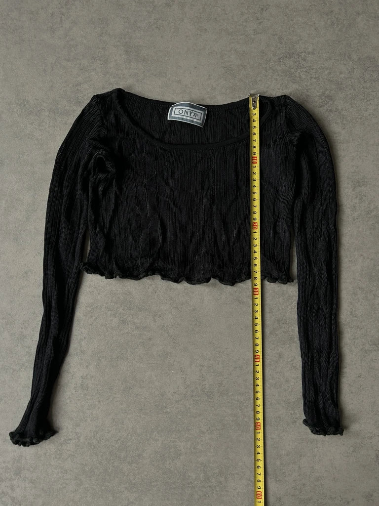 detail view, Onyx Y2K Black Sheer Sleeve Top, vintage Y2K second hand piece, image 8