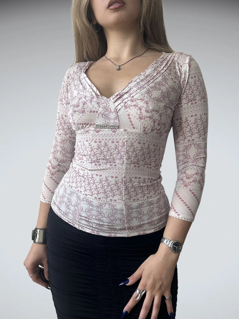 front view, Motivi Y2K Pink Sleeve Top, vintage Y2K second hand piece