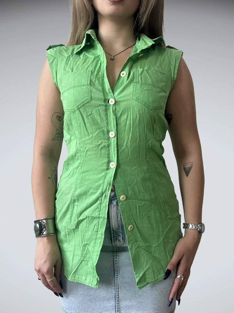 front view, René Lezard Y2K Green Sleeveless Button-Up Top, vintage Y2K second hand piece