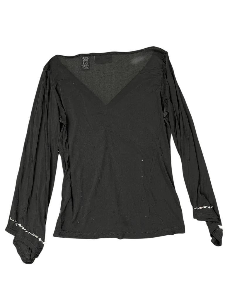 back view, New York & Company Y2K Rhinestone Embellished Black Top, vintage Y2K second hand piece