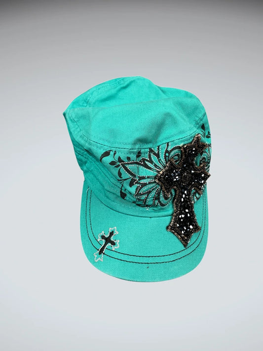front view, Turquoise Rhinestone Cross Military Cap (ONESIZE), vintage Y2K second hand piece
