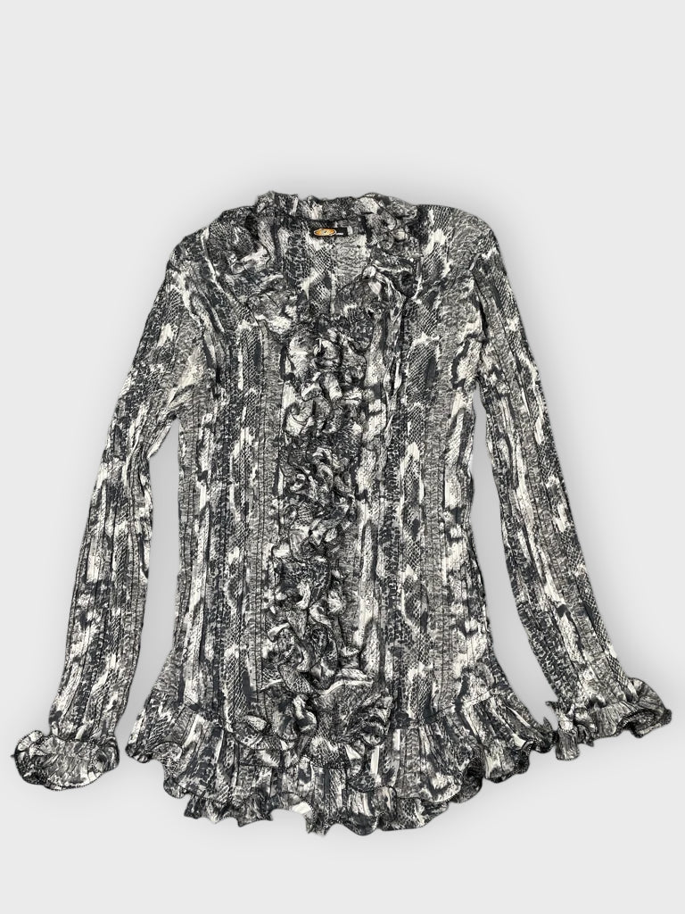 Y2K blue snakeskin ruffle mini dress (M)