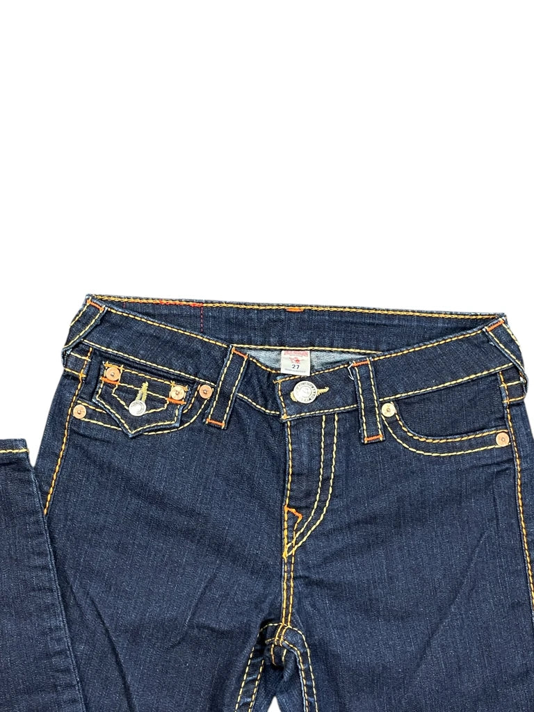 detail view, True Religion Dark Blue Bootcut Jeans with Iconic Stitching, vintage Y2K second hand piece, image 4