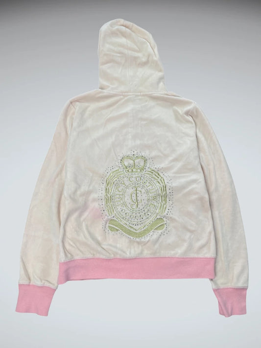 front view, Juicy Couture White Pink Crest Velour Hoodie, vintage Y2K second hand piece