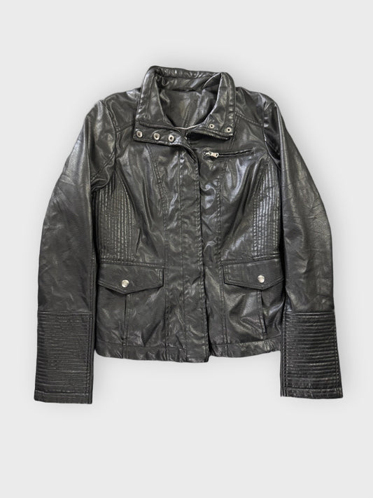 Vintage Black Genuine Leather Pocket Jacket Women (M)