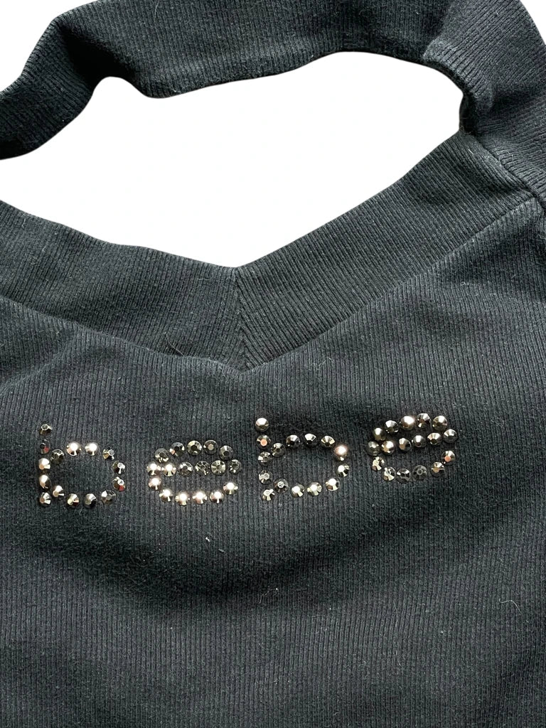 detail view, Bebe Rhinestone Logo Halter Top, vintage Y2K second hand piece