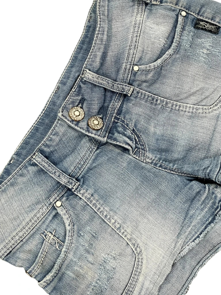 detail view, Silver Light Blue Distressed Denim Hotpants, vintage Y2K second hand piece, image 4