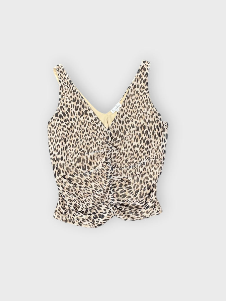front view, Love Five Beige Leopard Ruched Top, vintage Y2K second hand piece