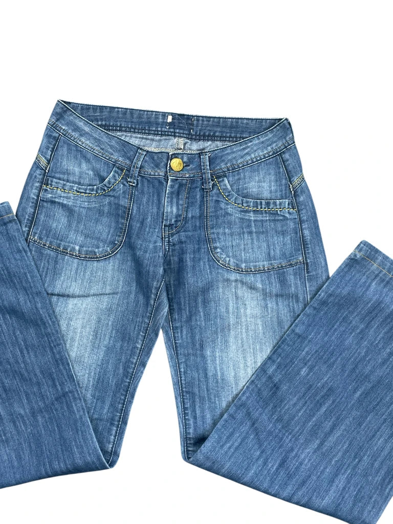 detail view, Blue Flared Denim Jeans, vintage Y2K second hand piece, image 4