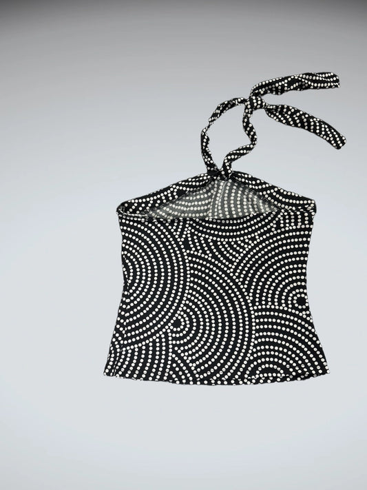 front view, Y2K Op-Art Black & White Tie Top, vintage Y2K second hand piece