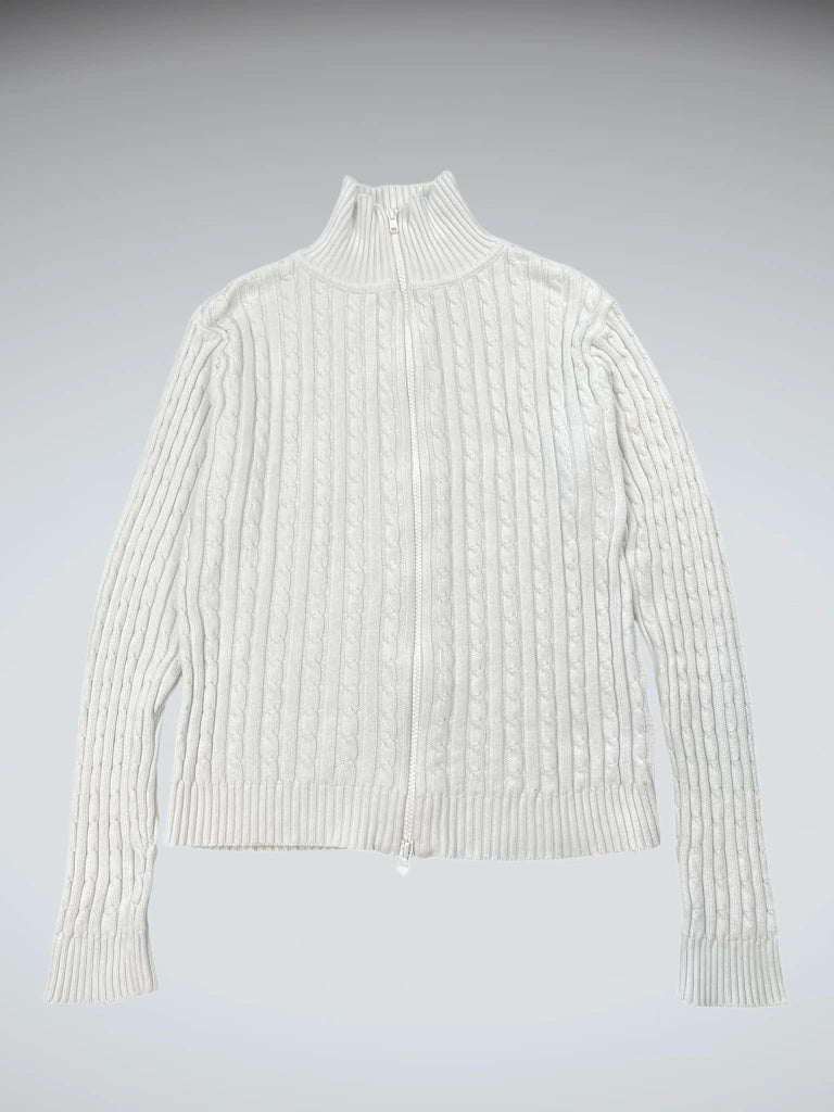 front view, Faded Glory White Cable Knit Zip-Up Sweater, vintage Y2K second hand piece